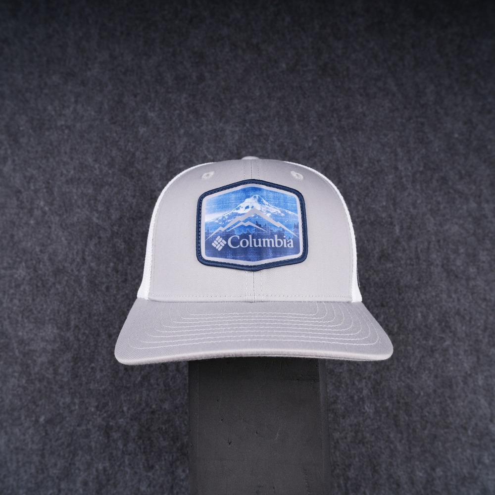 Columbia Mesh Back Trucker Hat Mens O/S Grey White Excellent Mountain Patch